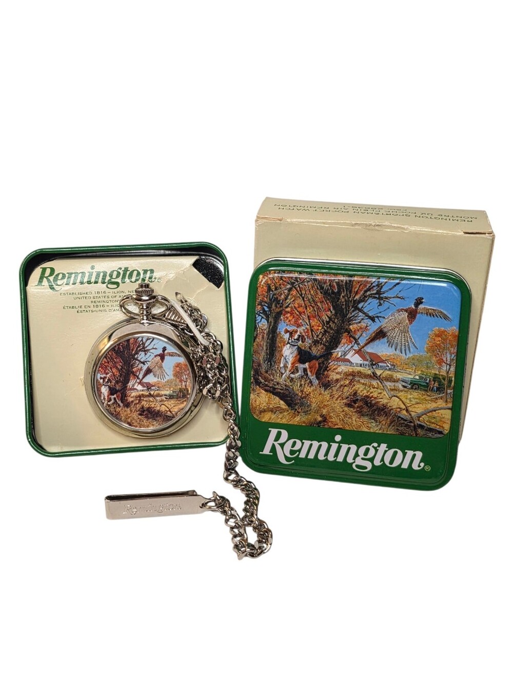 Remington Vintage Pocket Watch Metal Tin Pheasant Bird Hunting Dog Mens Jewelry